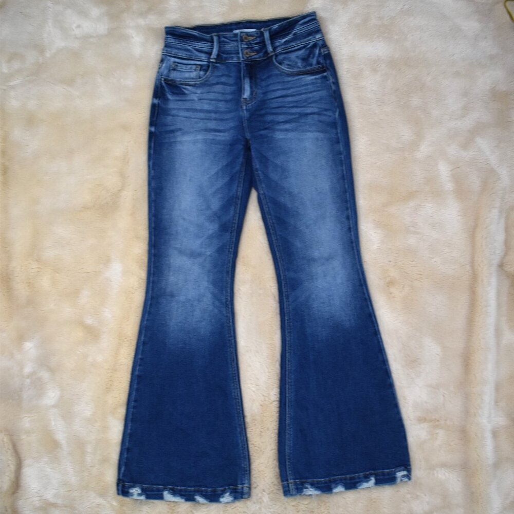 KanCan Dark Blue High-Waist Flare Jeans with Frayed Hem - Picture 4 of 15